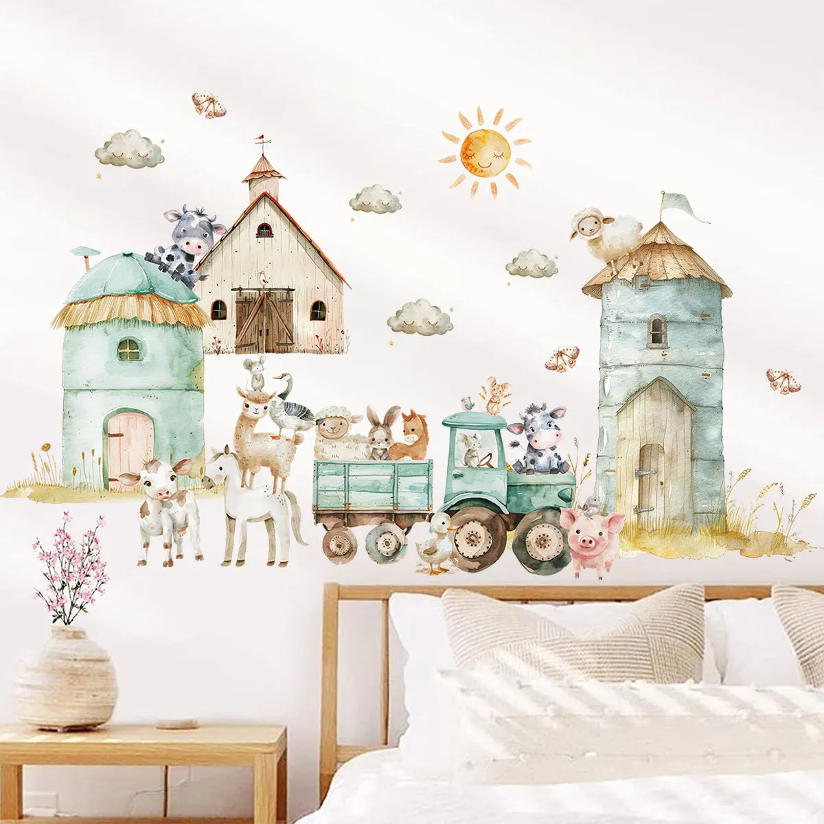 Cartoon Farm House Tractor Cute Animals Naklejki ścienne Home Decor do salonu Naklejki ścienne Dekoracja tła pokoju dziecięcego