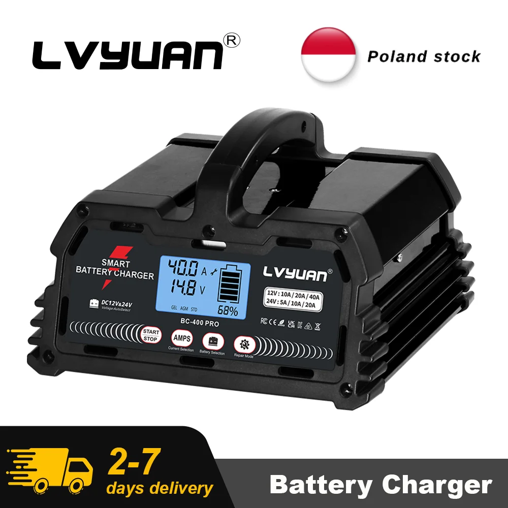 LVYUAN 20A 25A 30A 40A Caricabatteria per batteria al piombo 12V 24V/LiFePO4/AGM/STD/ Gel/EFB con funzione di riparazione a impulsi