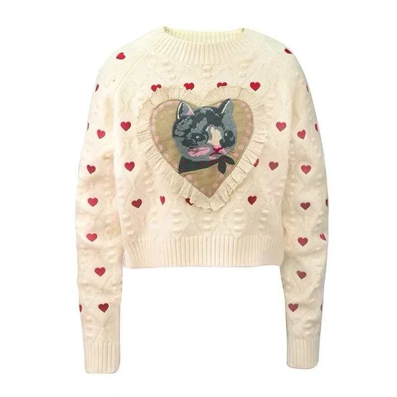 Cat Heart Jacquard Knit Sweater Pullover Women 2024 Autumn Long Sleeve O-neck Tops Knitwear Stylish Fashion Chic Ladies Jumpers