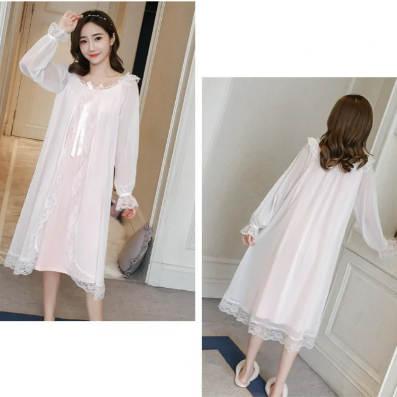 Victorian Vintage Fairy Night Dress Romantic Nightgowns Princess Sleepwear Room Wear Women Long Sleeve Mesh Modal Lace Negligee