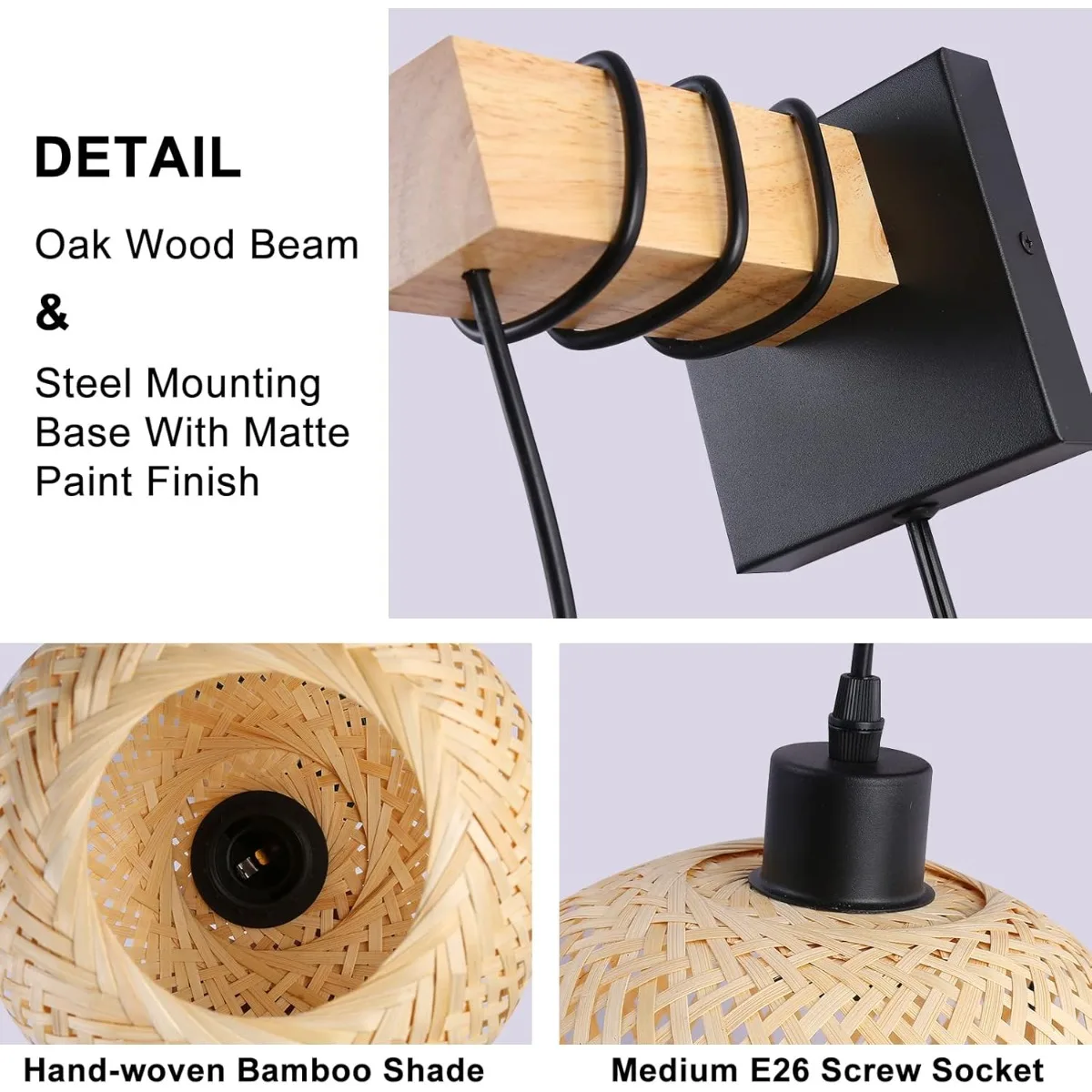 JOYINLED Farmhouse Bamboo Wall Sconce, Plug-in Hand-Woven Rattan & Wood Pendant Light Bedroom Living Room Hallway Ceiling Lamp