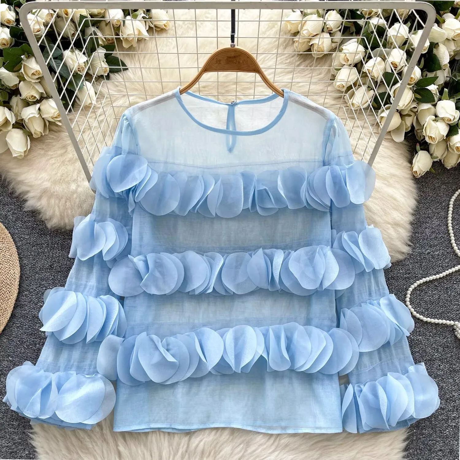 2025 Spring Unique Fresh Exquisite Women Clothing New Sweet All-match Top Personalized Long Sleeve Ruched Chiffon Shirt