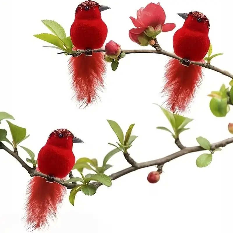 Simulation Feather Birds Handicraft Red Birds Figurines Garden Lawn With Clips For Tree Decor Christmas Home Decoration