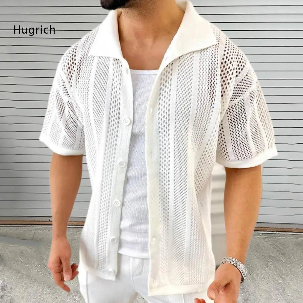Men Short Sleeve Hollow Knit Open Cardigan Lapel Collar Button Down Shirt For Summer Daily Casual Going Out And Social Scenarios