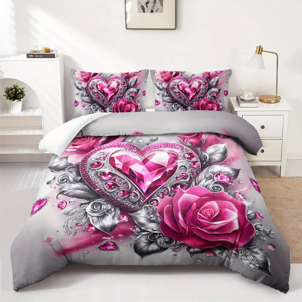 3pcs Pink Bedding Set Love Heart Rose 3D Print Cozy Duvet Cover King Queen Twin Size Birthday Gift for Adult Girls Bedroom Decor