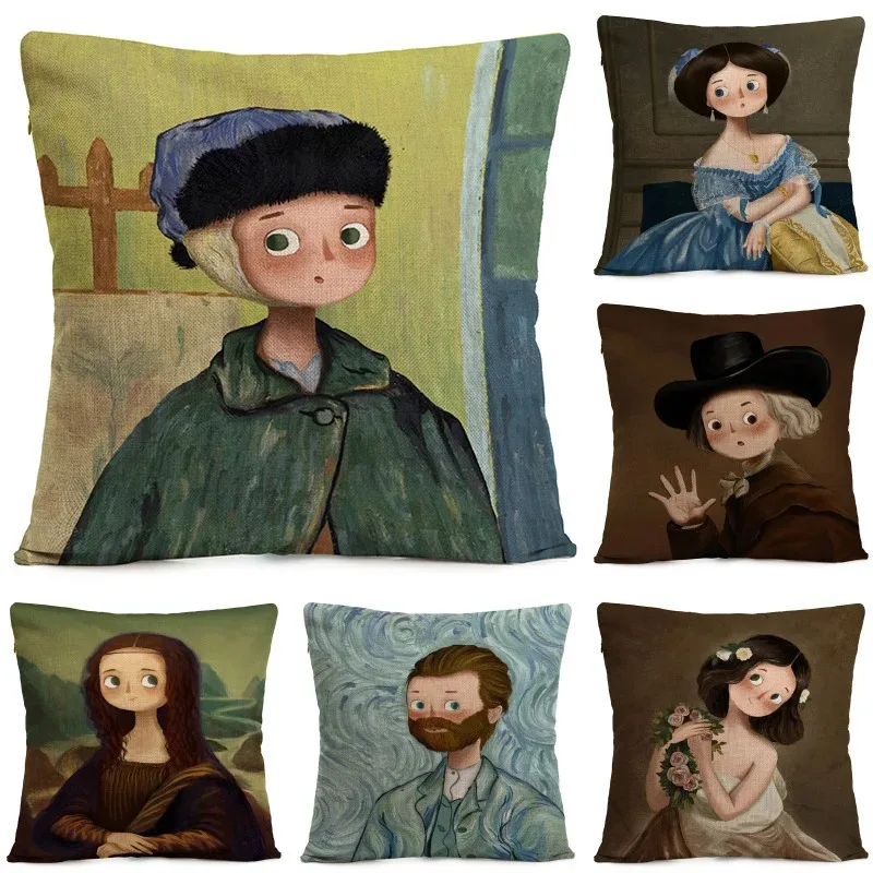 

Funny Cartoon Famous Painting Cushion Cover Cute Mona Lisa Van Gogh Throw Pillow Case for Sofa Living Room Home Decor Pillowcase