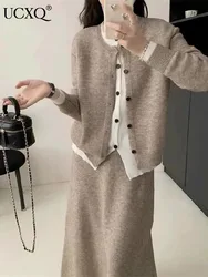 UCXQ Fashion Casual Sets Temperament Office Lady Color Blocked Knit Jacket Skirt Elegant Two-piece Set Women 2024 Spring Autumn