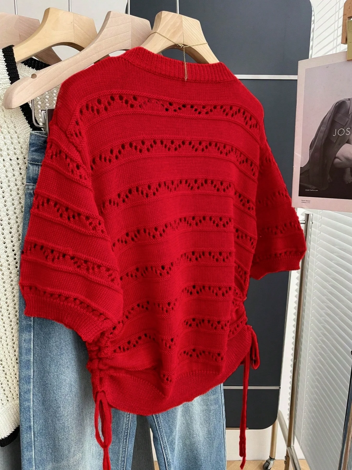 Women's Red Round Neck Knit Cardigan, Hollow Out Short Sleeve Drawstring Summer Sweater