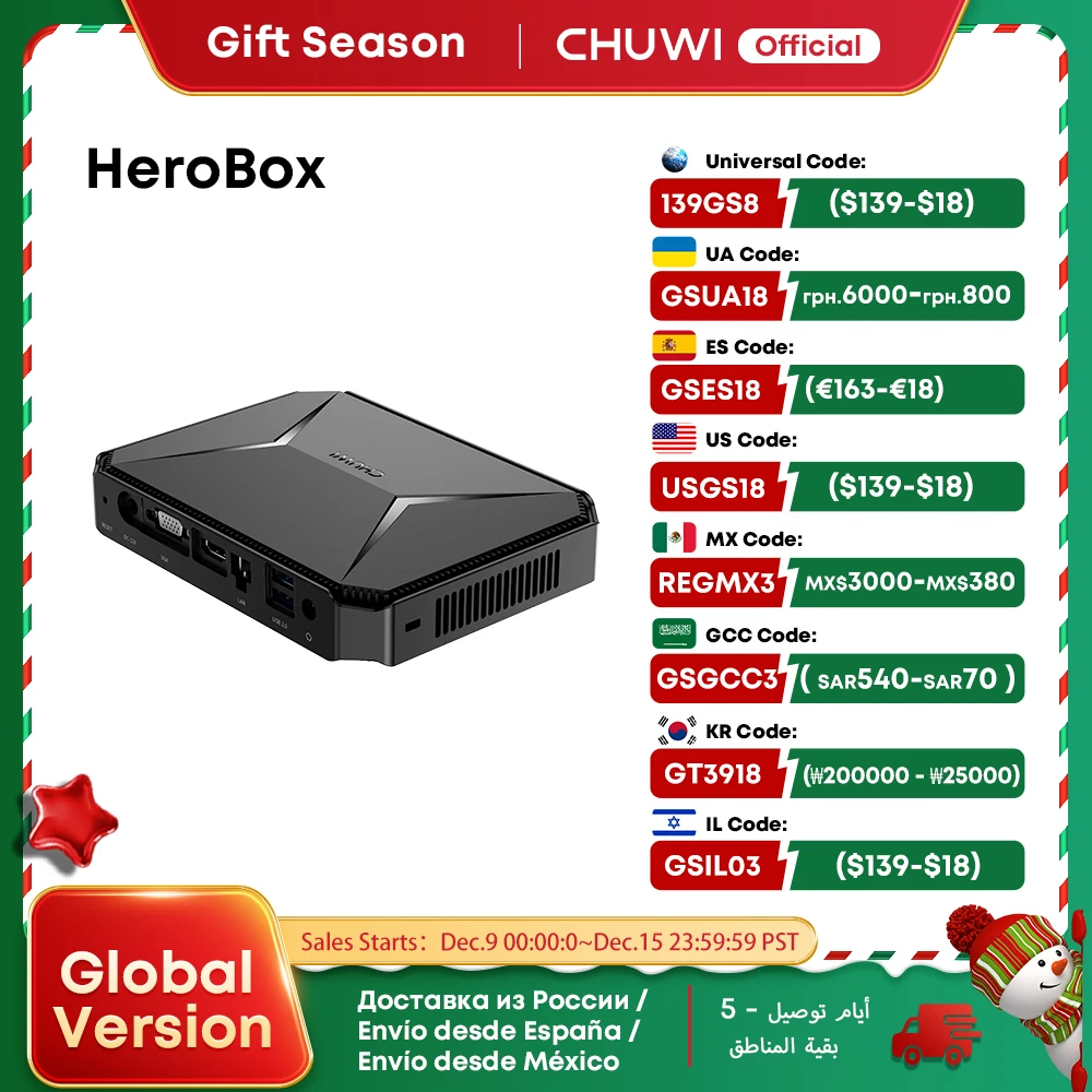 CHUWI-Mini PC Intel Celeron N100, Computador Desktop, Até 2,7 GHz, 8GB de RAM, SSD 256GB, Windows 11, HeroBox