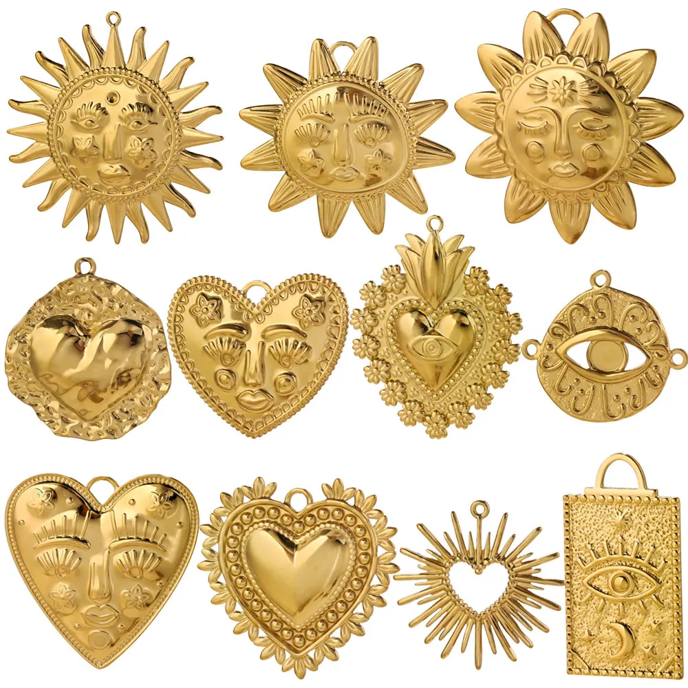 5PCS Stainless Steel Big Face Sun/Moon/Heart Charms Gold Plated Pendant Base for Jewelry Connector DIY Necklace Jewelry Making