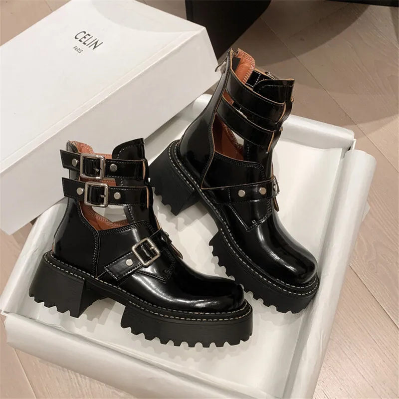 New Autumn/winter Women Boot Round Toe Platform Shoes Split Leather Fashion Belt Buckle Boots Short Boots for Women Handmade