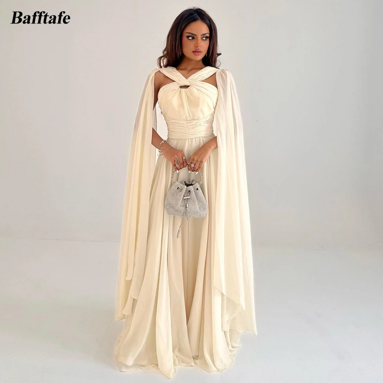 

Bafftafe A Line Chiffon Arabic Women Prom Dresses Long Cap Sleeves Pleated Floor Length Dubai Formal Evening Dress Party Gowns