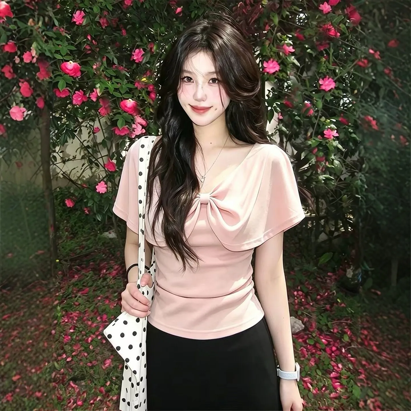 Pink Bow Knot Shoulder Wrap V Neck Short Sleeve Women's T Shirt Summer Waist Cinching Slimming Unique Beautiful Top