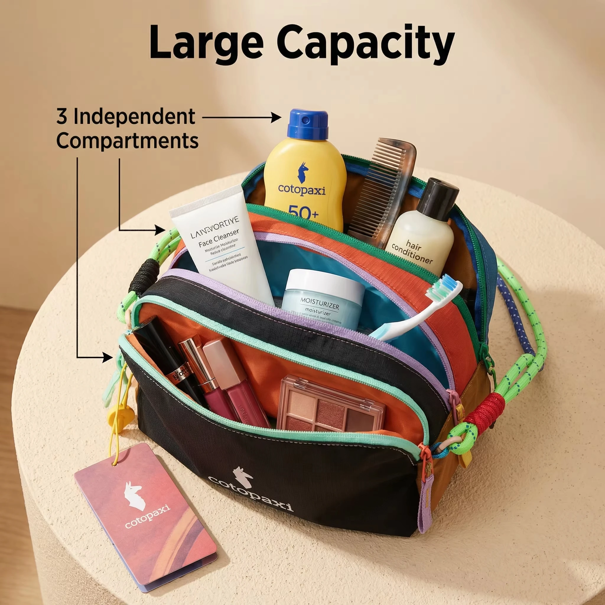 Alpaca Dopamine-Colored Wash & Storage Bag, Featuring Three Main Zipper Compartments for Organized Separation. Portable and Reas
