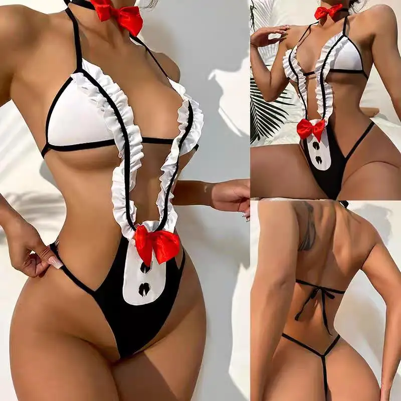 New Bow Halter Set di lingerie sexy Pigiama Moda Backlesss Abbigliamento Per adulti Crotchless Intimo Donna Deep V Reggiseno aperto Abiti porno