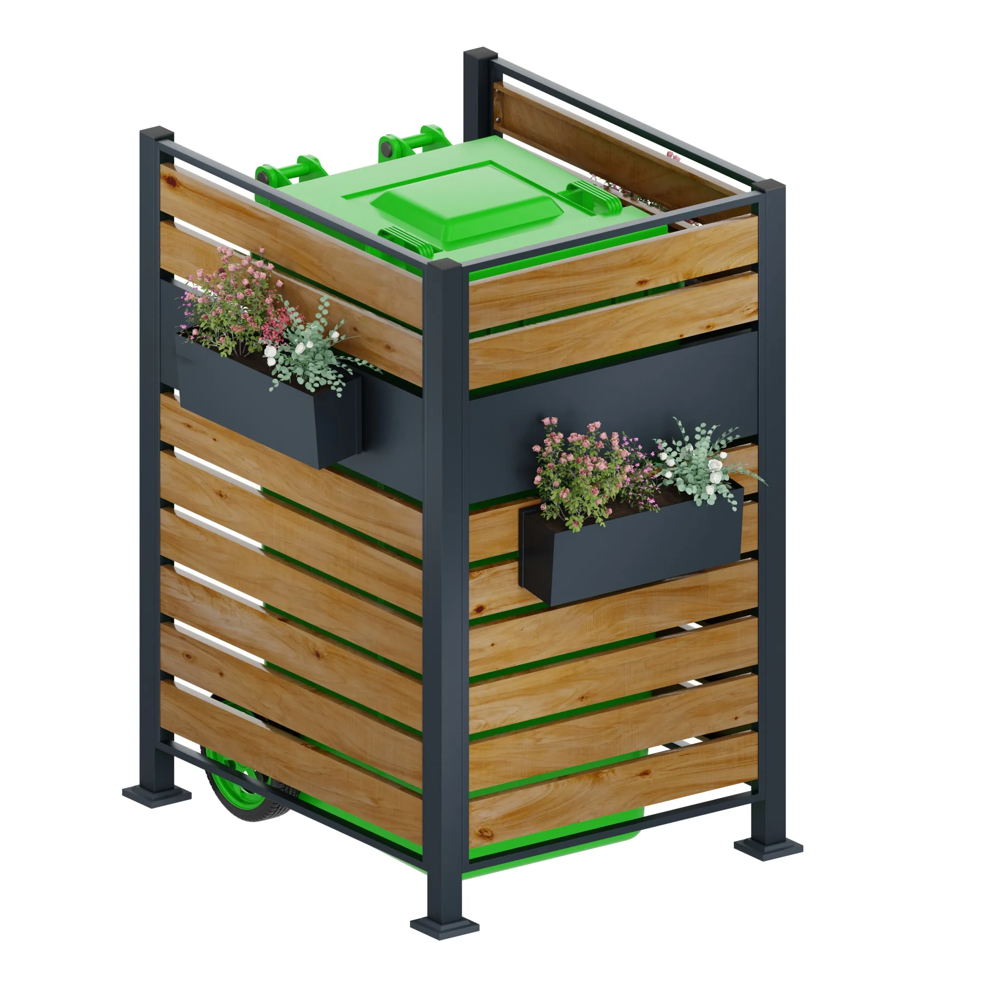Wheeled Dumpster Covered Yard Backyard Dumpster Storage Rust Proof and Solid Outdoor Dumpster Housing with Flower Pot Box