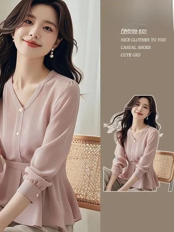 

Ele Pink Long Sve irt Women's Unique V-ne Slim Fit Spring Autumn Special Design Commute Sle Regular Length