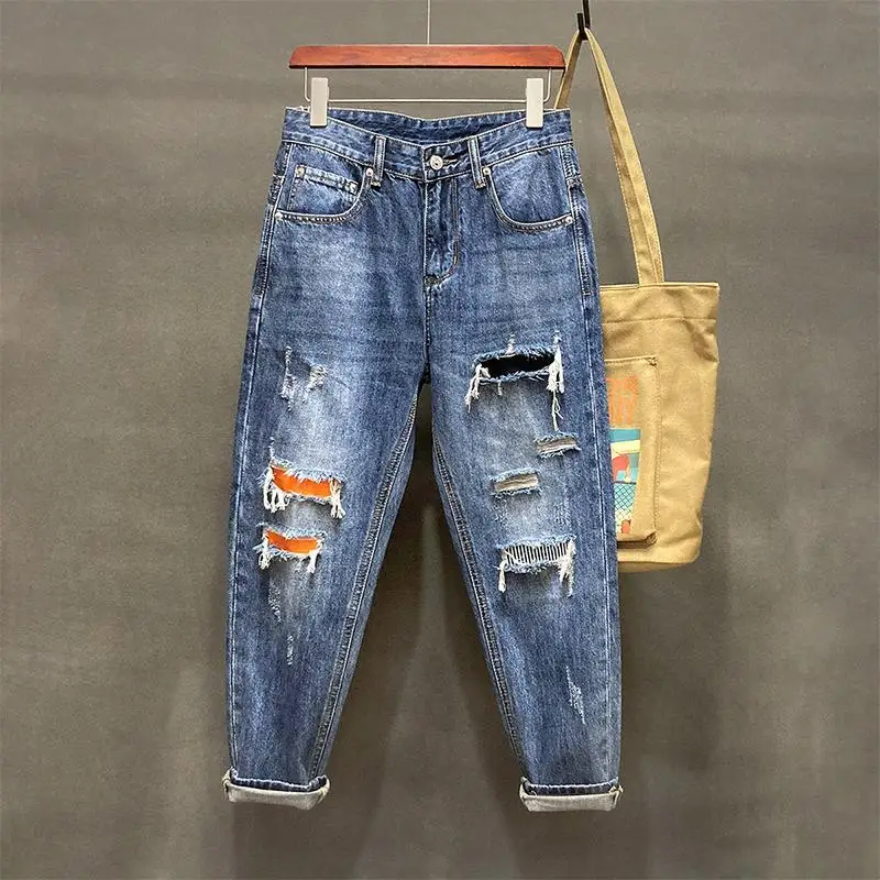 

2023 New Jeans for Men's Summer Thin Cotton Loose Hole Harem Cropped Pants for Men Ripped men jeans men clothing