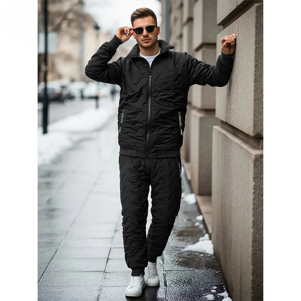 Men Sherpa Lined Quilted Tracksuit Stand Collar Zip Up Jacket Drawstring Jogger Pants Windproof Warm 2 Piece Winter Streetwear