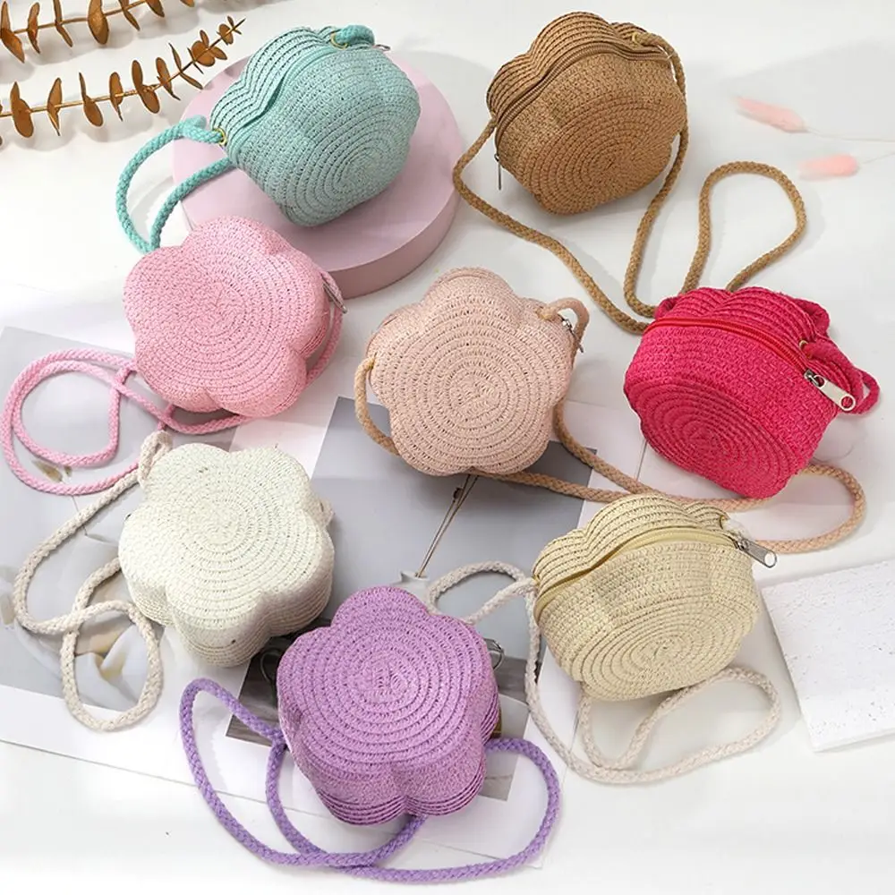 

New Woven Straw Shoulder Bags Flower Travel Crossbody Bag Creative Lightweight Coin Purse for Children