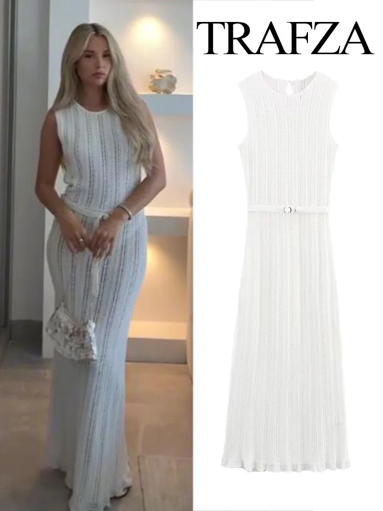 

HH Women Summer Crew Neck Jacquard With Belt Sleeveless Knitted A-Line Dress Female Fashion Hollow Out Sexy Slim Midi Dress