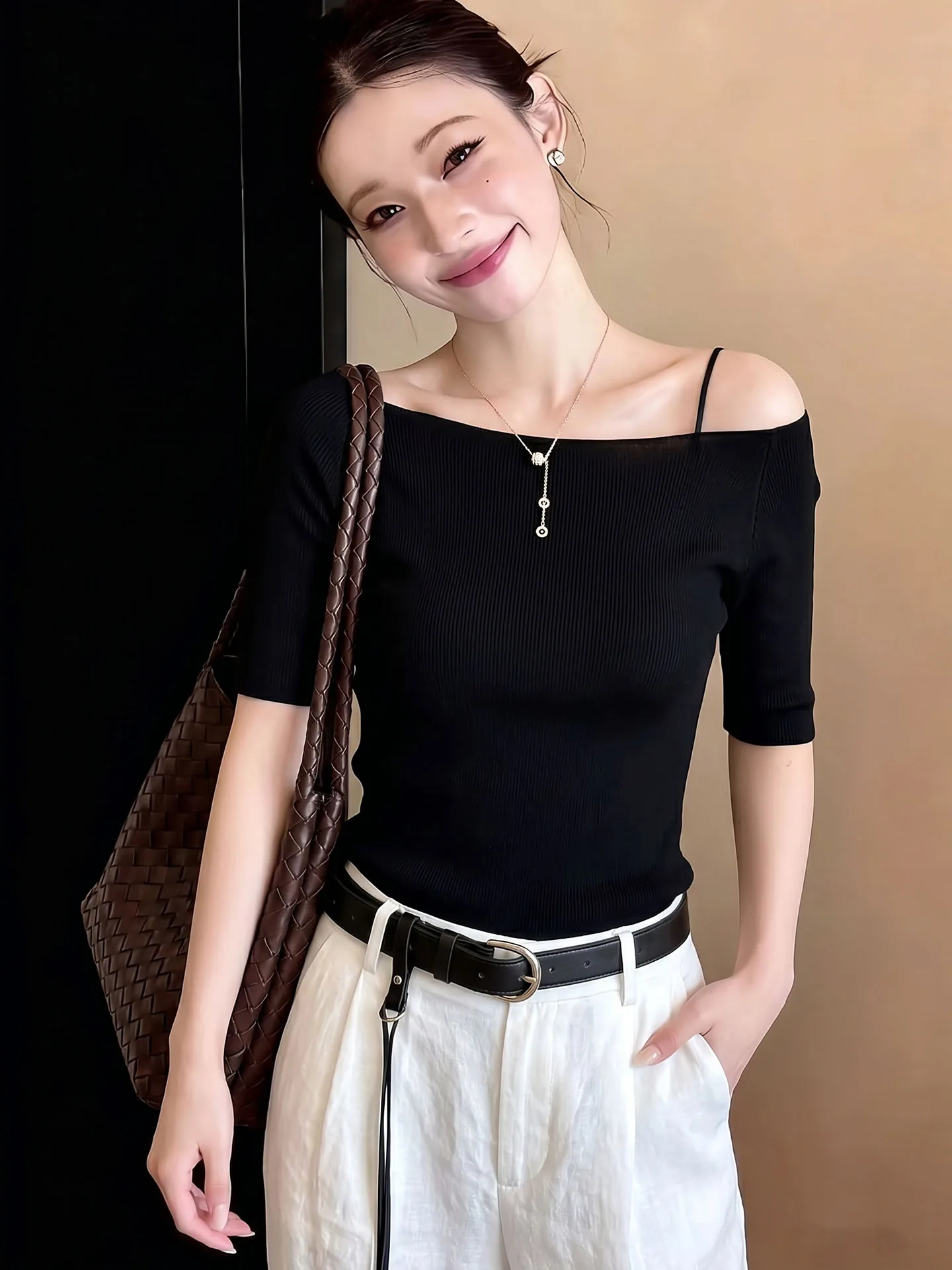 

Slimming Color Summer Knitwear Short Sleeve Fashionable Design Korean Style Versatile Slim Fit Shirt for Women