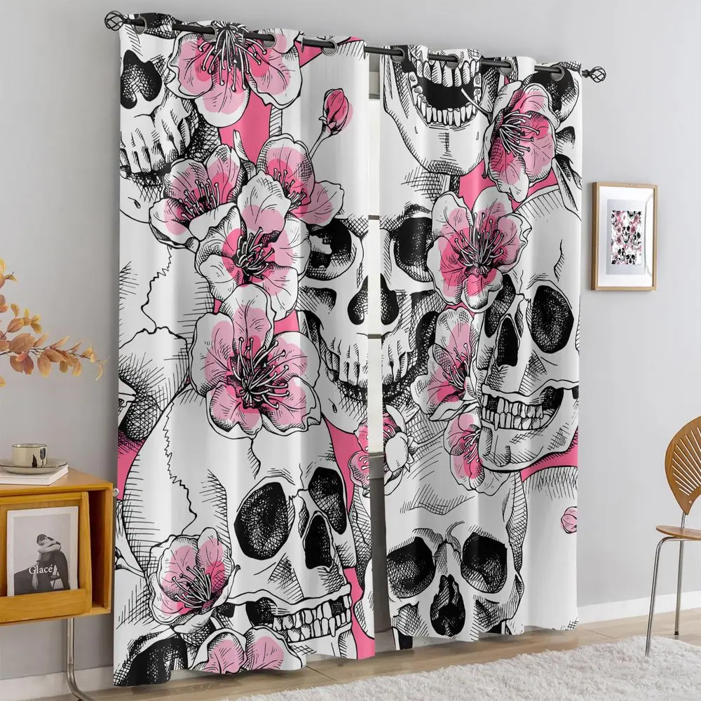 Cherry Skull Gothic Printed Curtains 2 Panels Light Blocking Rate 85% Darkening Decoration Curtains Stylish Adult Bedroom Drape