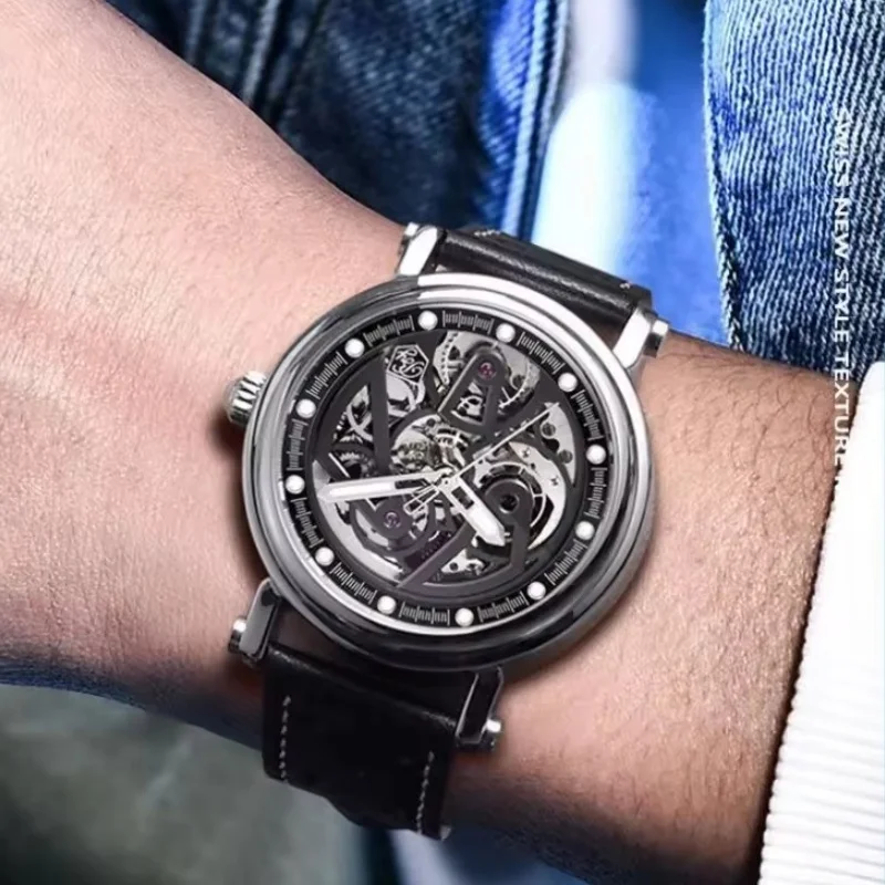 BENYAR 5202 العلامة التجارية الجديدة الفاخرة التلقائي الميكانيكية ساعة رجالي ريترو تصميم جوفاء الهاتفي حزام من الجلد مقاوم للماء ضوء الليل