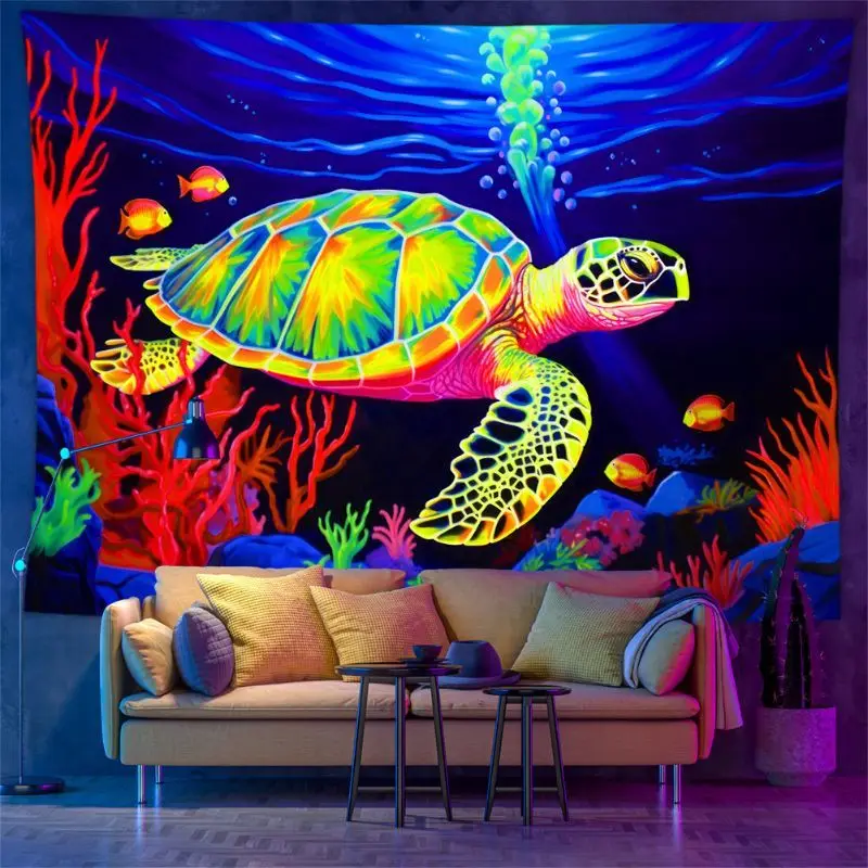 VIKAMA UV Reactive Psychedelic Turtle Coral Tropical Ocean Tapestry Neon Wall Hanging Bedroom Dorm Home Decor