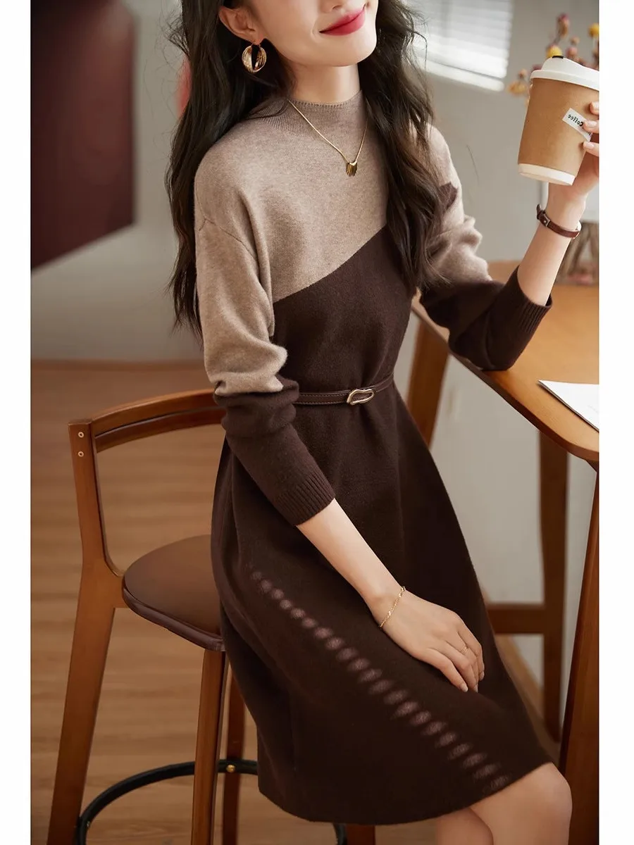 

Women Half High Neck Contrasting Color Dress Sweater New Autumn Winter Mock Neck Knitwear Buttons Cashmere Dresses CQ328