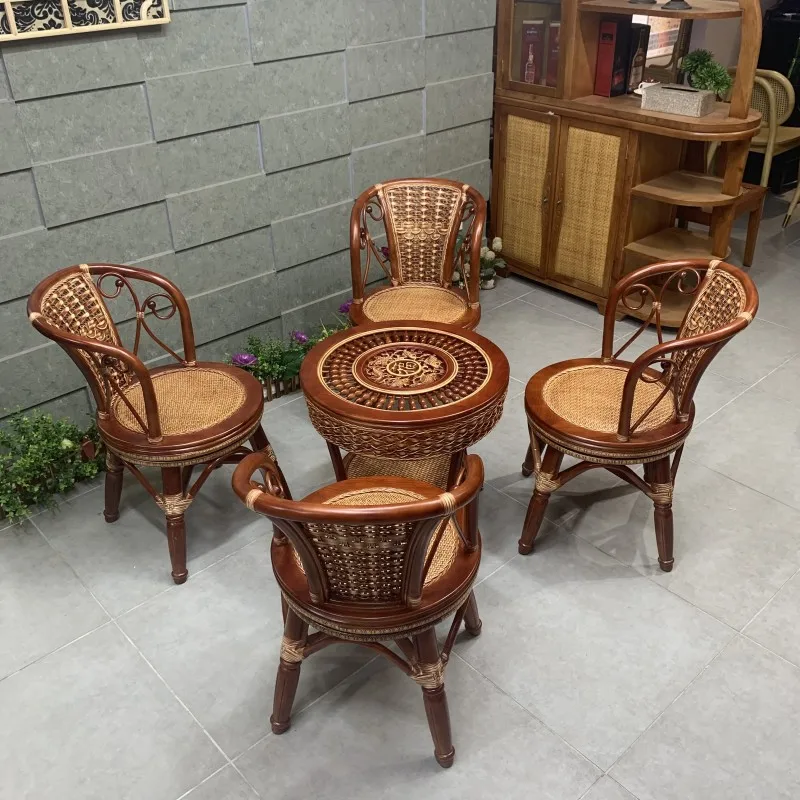 Natürliche echte Rattan-Teetisch- und Stuhlkombination, Balkon, spezieller drehbarer Rattan-Stuhl, Rückenlehne, Rattan-Armschai