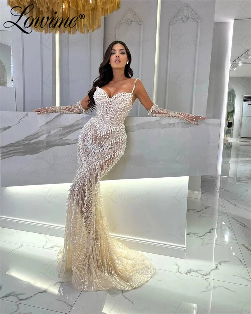 Amazing Pearls Long Party Dresses Illusion Beading Mermaid Evening Gowns 2023 Couture Arabic Women Prom Dress Celebrity Dresses