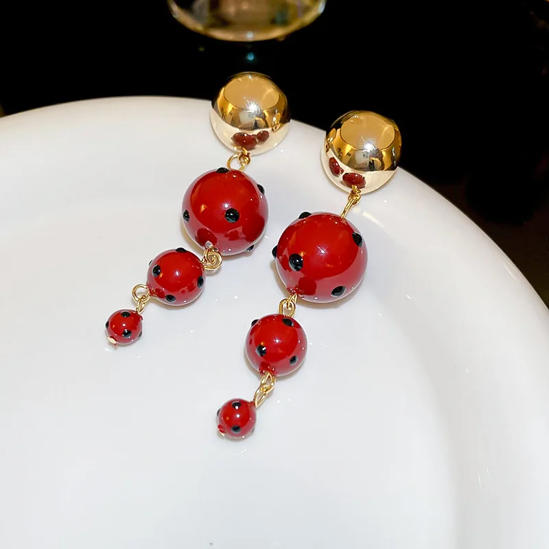 NISHIZAWA Red Polka Dot Pearl Earrings Niche Design Tassel Earrings Retro Temperament Earrings