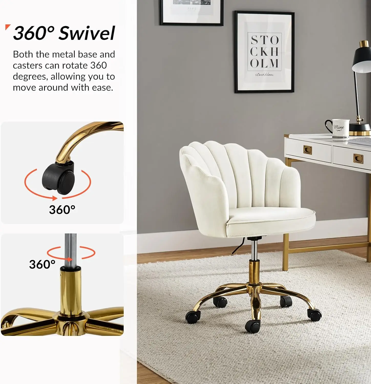 금색 베이스가 있는 벨벳 사무실 의자, 조절 가능한 회전 작업 의자, 여성용 아이보리 쉘 등받이 디자인, 거실 및 화장대