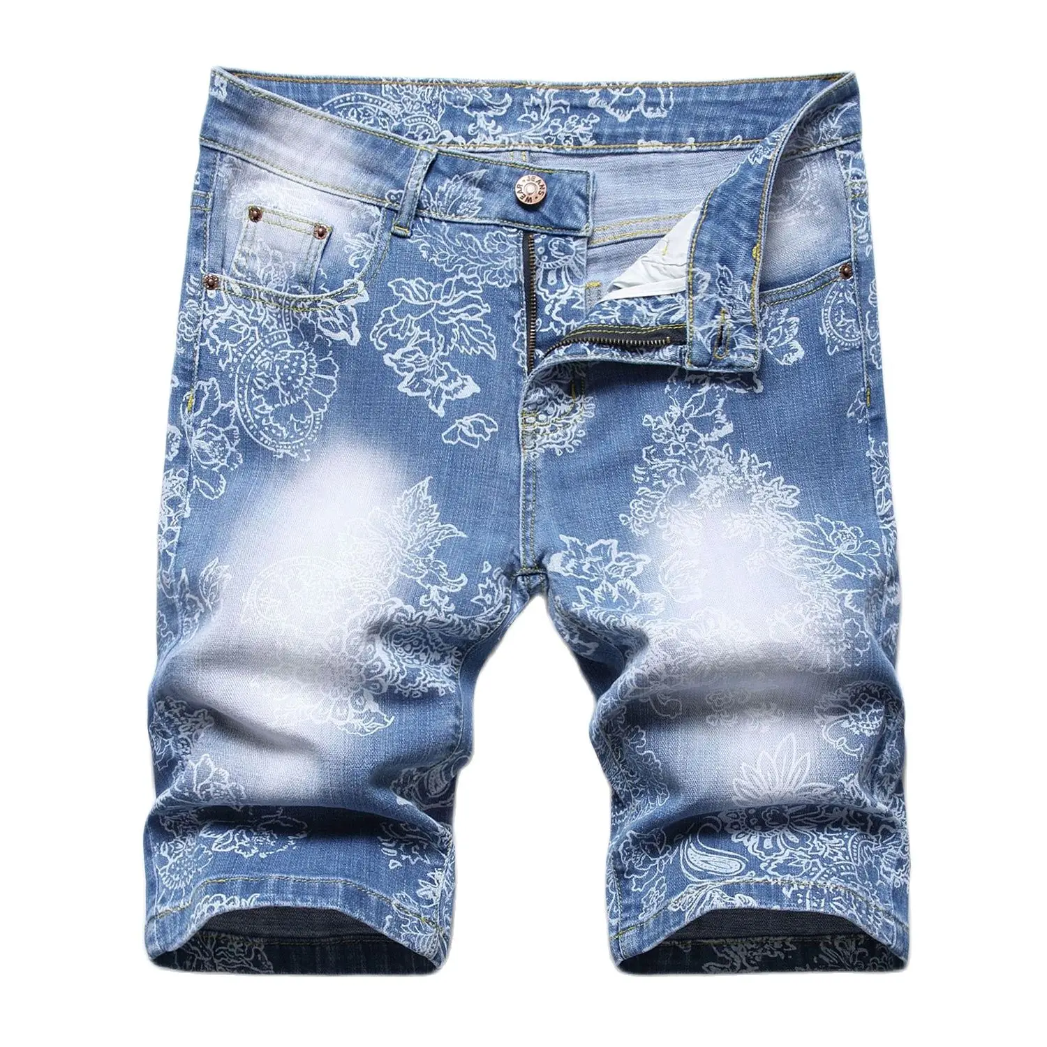 High Quality Men’s Slim-fit Ripped Stretch Denim Shorts,Trendy Printing Decors Casual Shorts,Stylish Sexy Street Jeans Shorts;