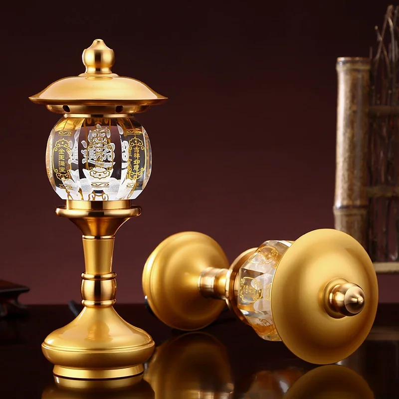 A PAIR high grade Buddhism HOME Temple shrine enshrine worship good luck God of wealth CAI SHEN crystal buddha lamp 28CM large