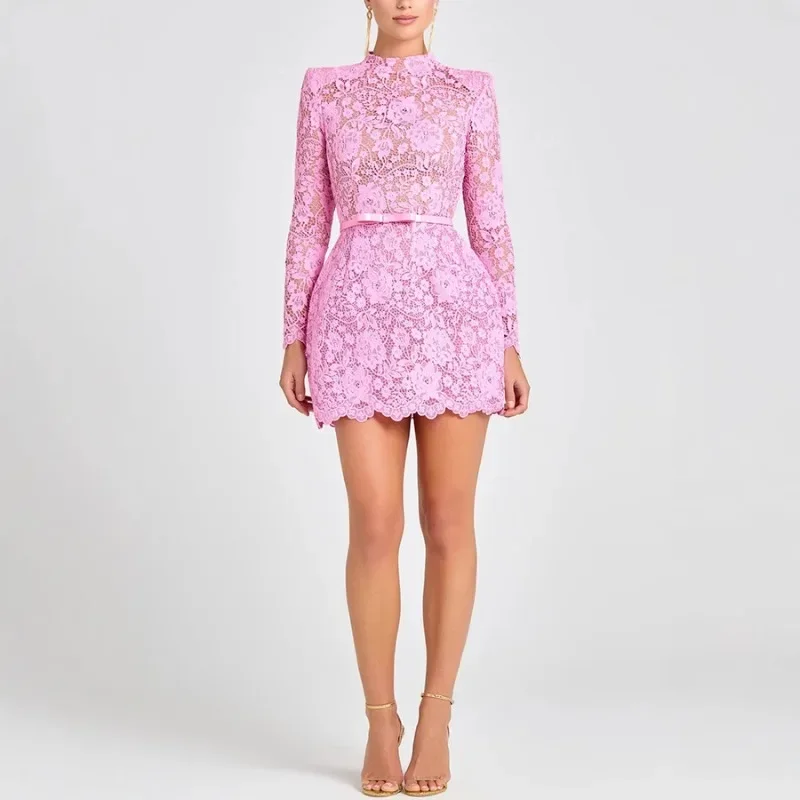 Durchsichtiges, langes, ausgestelltes Ärmel-Ausschnitt, Schnürung, schlankes Nachtclub-Partykleid für Damen, sexy Spitze, aushöhlen, figurbetontes Minikleid