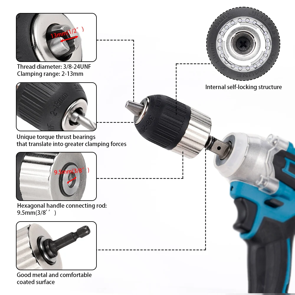 1.5-13mm Keyless Electric Drill Chuck 3/8-24UNF Self-locking Driver Tool Impact Wrench Hex Shank Adapter Fixture Conversion