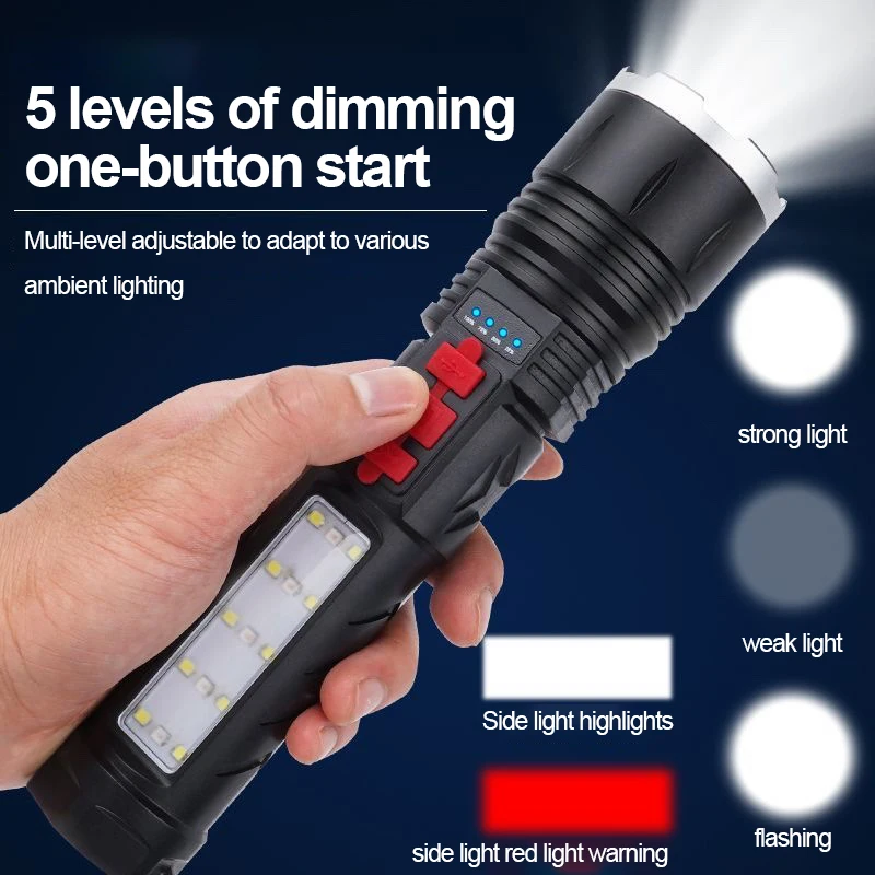 Powerful Led Flashlight Outdoor Ultra-Bright COB Rechargeable White Laser Torch Multi-Function Emergency Buzz Power Bank Lantern