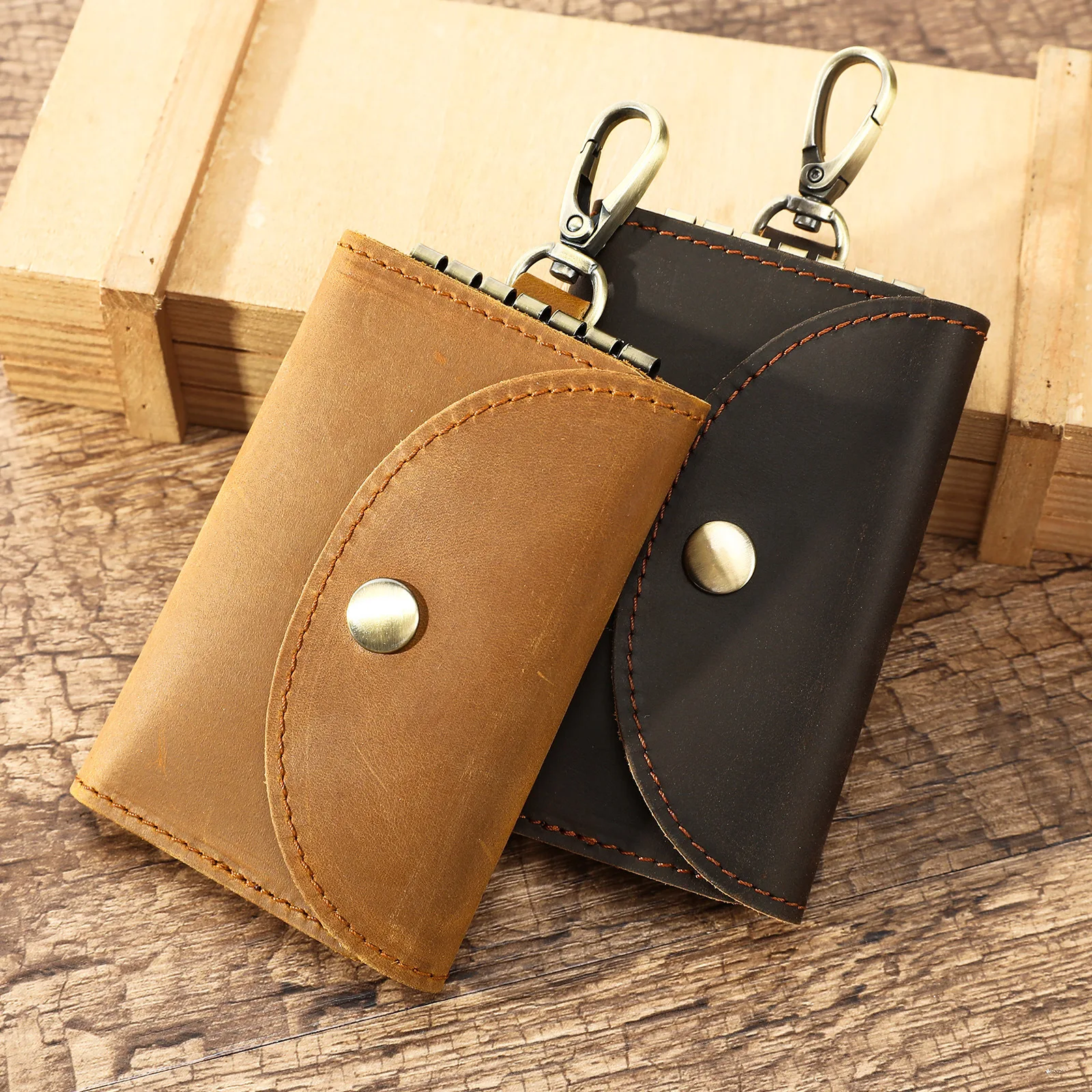 Vintage Genuine Leather Keychain Card Holder, Top-Layer Cowhide ID Badge & Key Organizer Wallet for Men