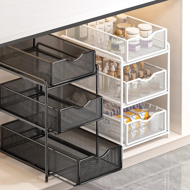 

3Layer Waterproof Bathroom Sliding Organizer Vanity Shelf with Non-Slip Mat Shower Cabinet Basket Ventilated Toilet Storage Box