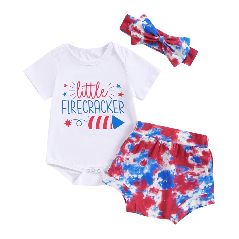 Baby Girls 4th of July Outfits Letter Print Short Sleeve Romper and Elastic Tie-Dye Shorts Cute Headband 3 Piece Clothes