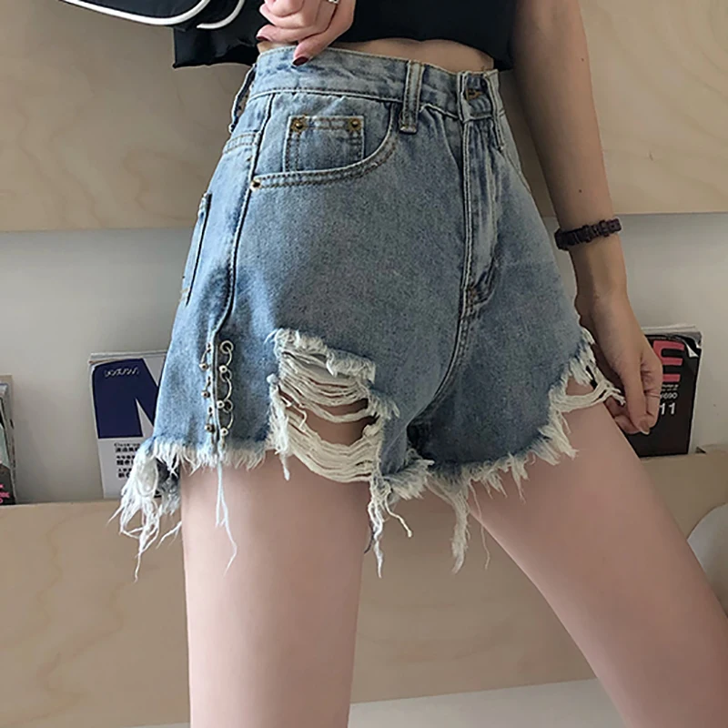 

Summer Ripped Hole Raw Edge Denim Shorts Women New High Waist Hot Pants Casual All-matched A-line Female Mini Jeans Loose Shorts