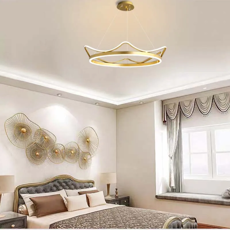 Luxury Crown Shape LED Pendant Light Gold Modern Hanging Chandelier for Bedroom Living Room Home Decor