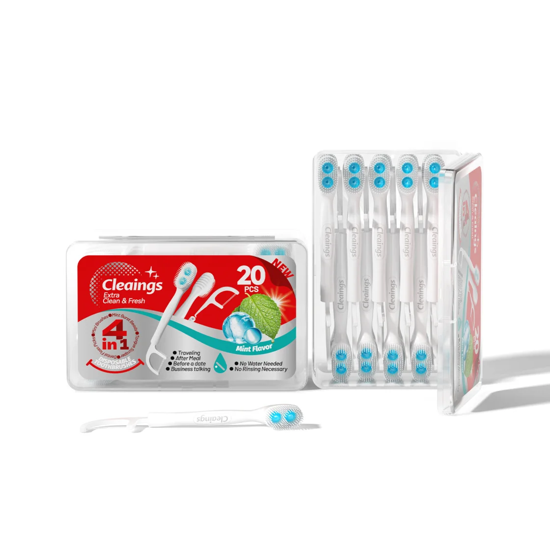20PCS Mini Dual Burst Bead Toothbrush Attached Floss, Portable Toothbrush No Water for Daily Travel Cleaning