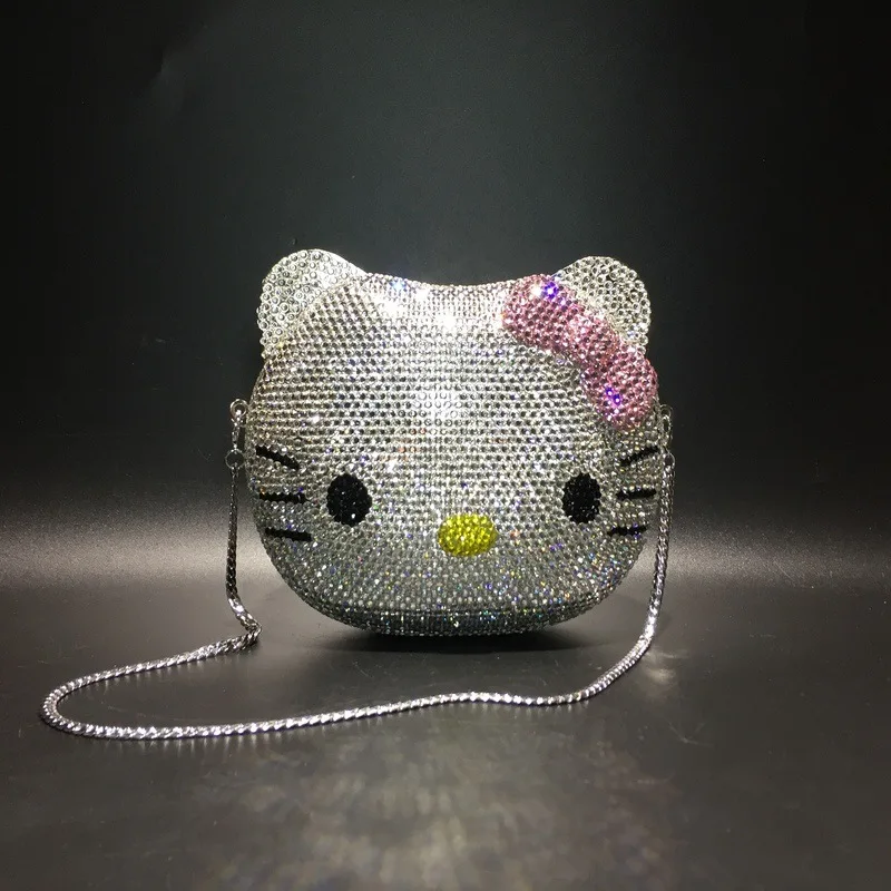 

Hello Kitty Anime Cartoon Shape Rhinestone Cartoon Full Of Diamonds Dinner Bag Handmade Diamond-set Lady's Gift Christmas Gift