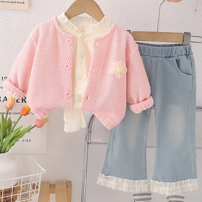 

3Piece 2025 Spring Autumn Kids Clothes Girls Korean Fashion Cute Flower Knit Pink Baby Tops+T-shirt+Jeans Children's Sets BC2262