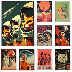 Vintage Scifi Alien Soviet Space Dogs Astronaut Cat Posters and Prints Canvas Printing Wall Art Picture for Bedroom Cafe Decor