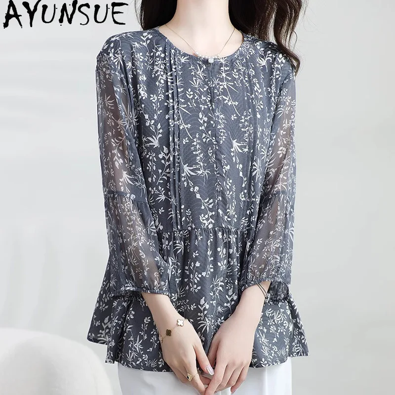 AYUNSUE 92% Mulberry Silk Women's T-shirts Good Quality O-neck Floral Tops for Woman Elegant Woman Clothes Summer Топ Женский