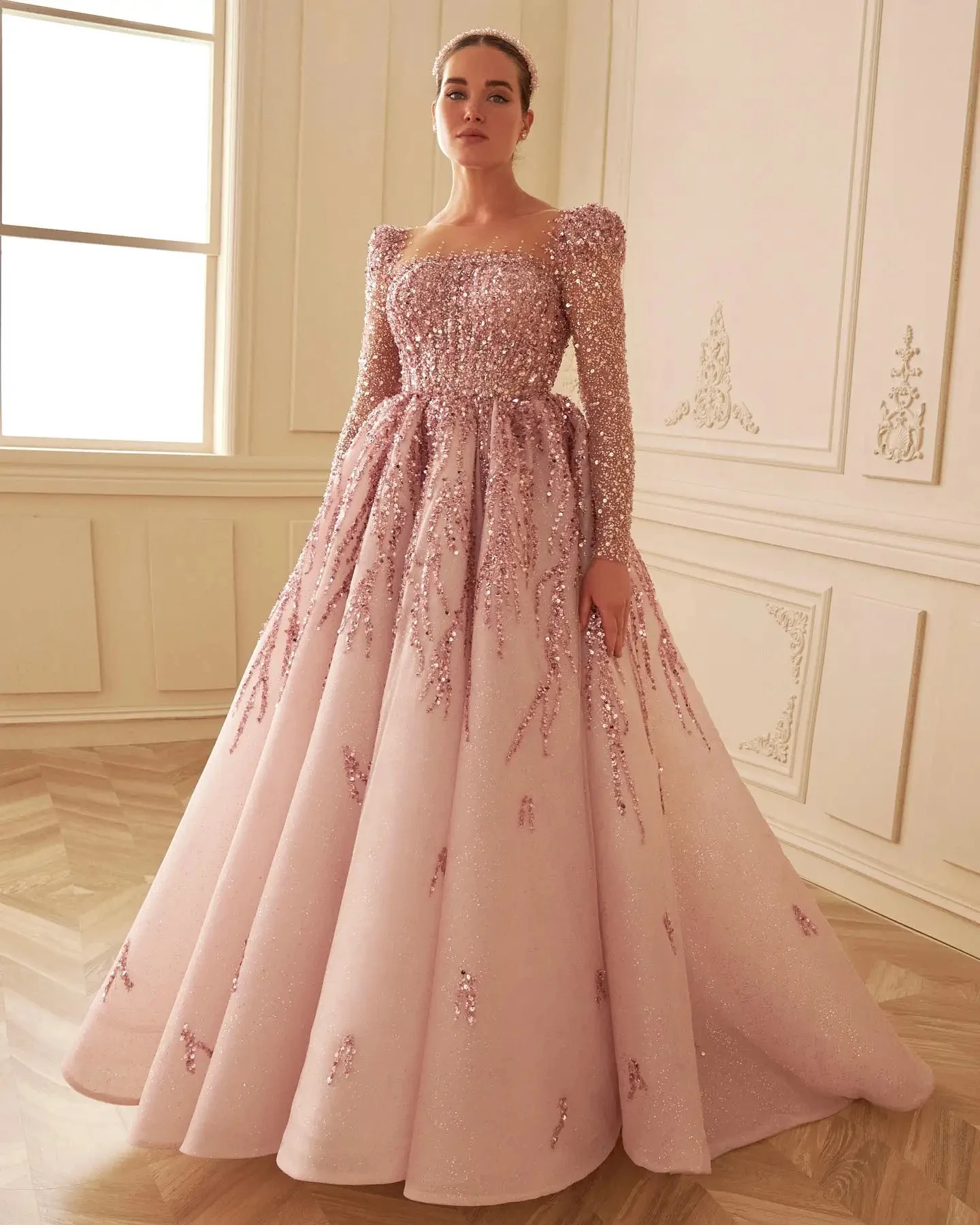 Sparkly Crystal Long Sleeve Prom Dress Dusty Pink Luxury Evening Dresses For Women Wedding Party Arabic Muslim Formal Prom Gowns